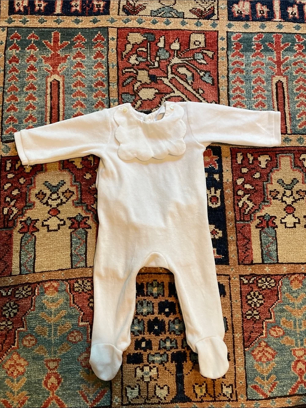 Jacadi Baby White VelourOnesie with Scalloped Bib